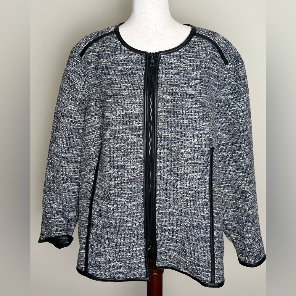 Anne Klein Tweed Zip Front Blazer with Faux Leather Trim – Size 22W